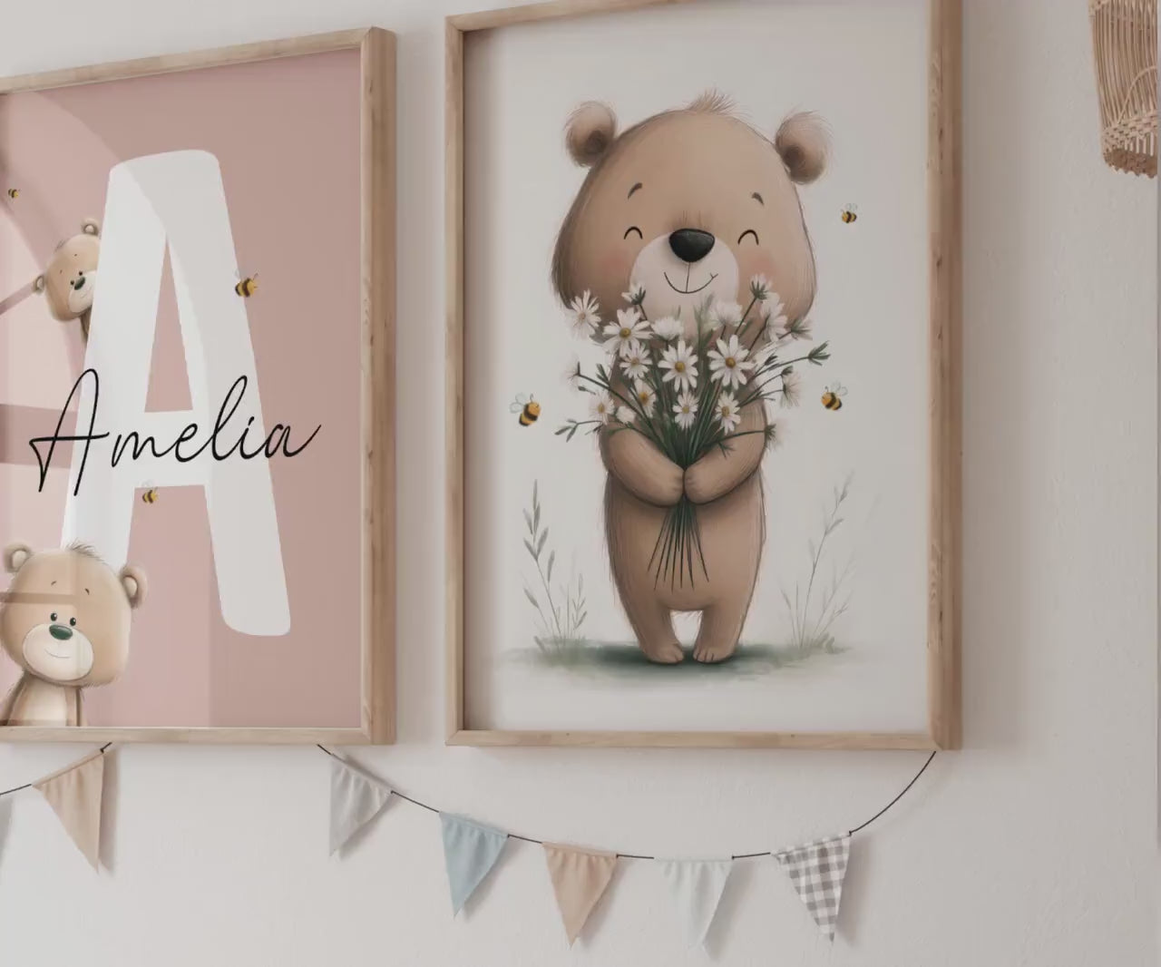 Personalized Teddy Bear Nursery Wall Art Prints Set of 3 | Nursery Name Sign Print | Wildflowers, Bee | Digital Download Suartprintstudio